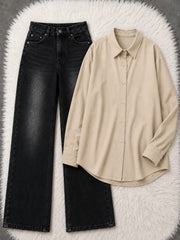 Button-Down Shirt & Black Wide-Leg Vintage Jeans Pack of Two