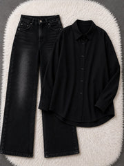Button-Down Shirt & Black Wide-Leg Vintage Jeans Pack of Two