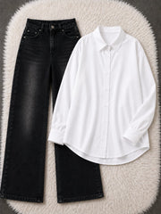 Button-Down Shirt & Black Wide-Leg Vintage Jeans Pack of Two