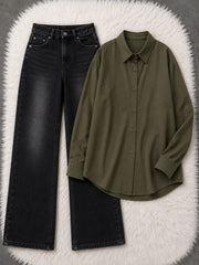 Button-Down Shirt & Black Wide-Leg Vintage Jeans Pack of Two