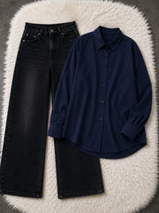 Button-Down Shirt & Black Wide-Leg Vintage Jeans Pack of Two