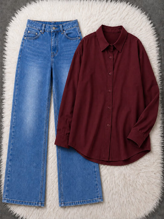 Button-Down Shirt & Wide-Leg Jeans Pack of Two