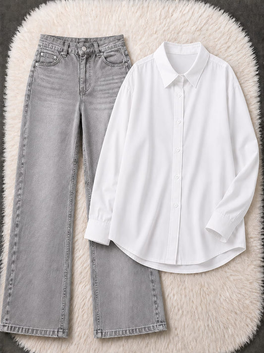 Button-Down Shirt & Wide-Leg Jeans Pack of Two