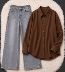 Button-Down Shirt & Wide-Leg Jeans Pack of Two
