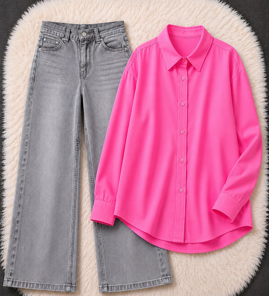 Button-Down Shirt & Wide-Leg Jeans Pack of Two