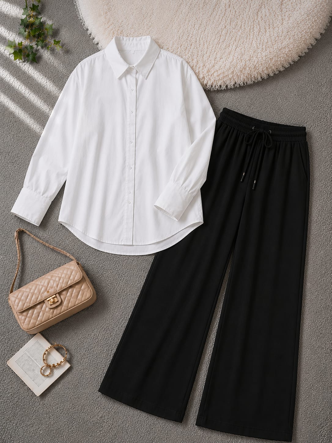 Button-Down Shirt & Wide-Leg Black Trouser Pack of Two