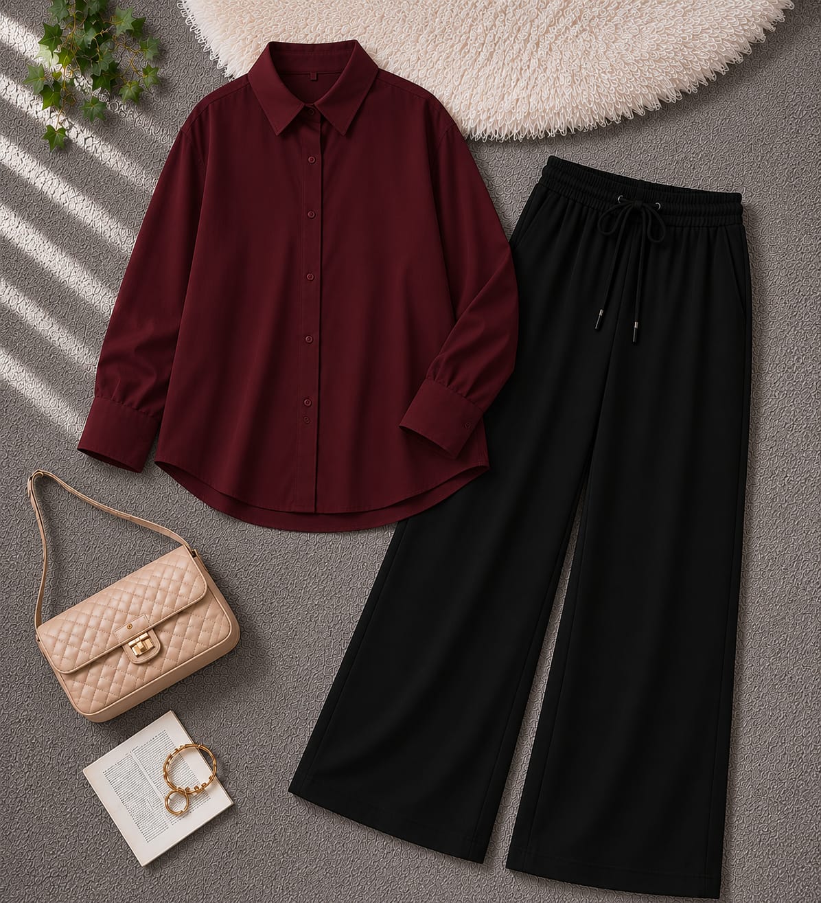 Button-Down Shirt & Wide-Leg Black Trouser Pack of Two