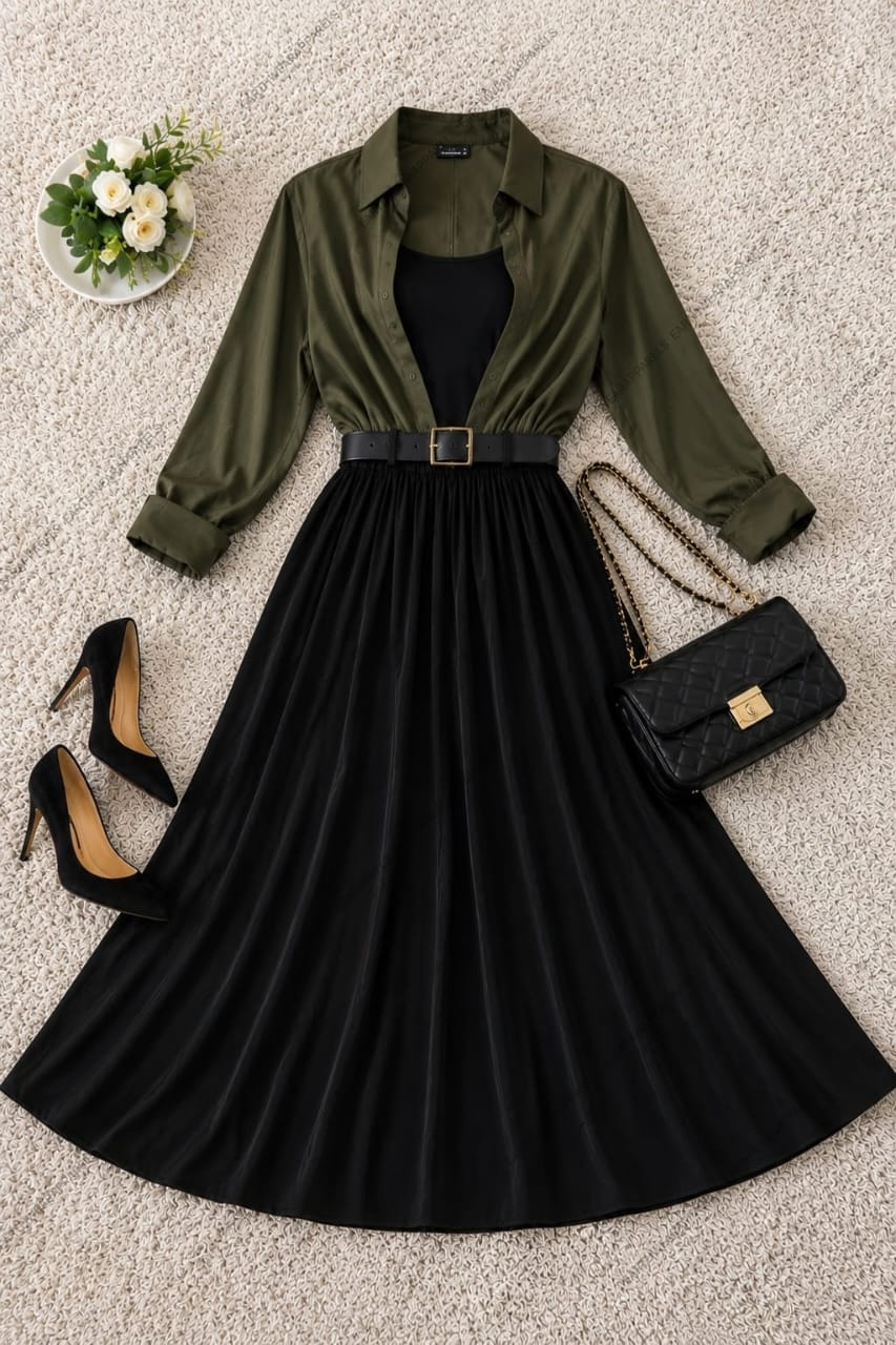 Button Down Shirt, Black Tank Top and Black Umbrella skirt - Pack of Threes