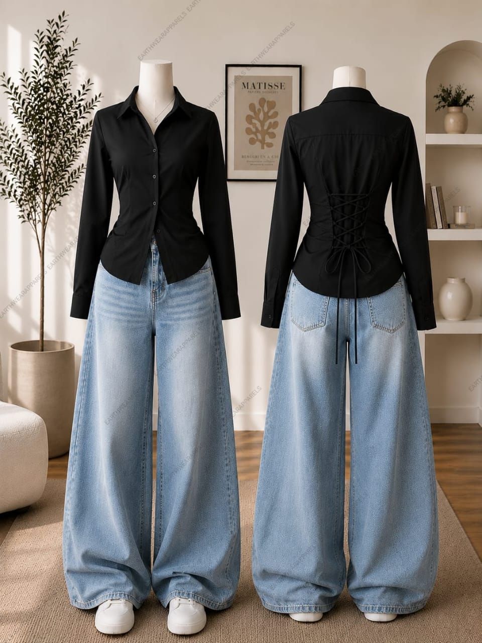 Corset Fitted Button-Down Shirt & Vintage Sky Blue Wide-Leg Jeans Pack of Two