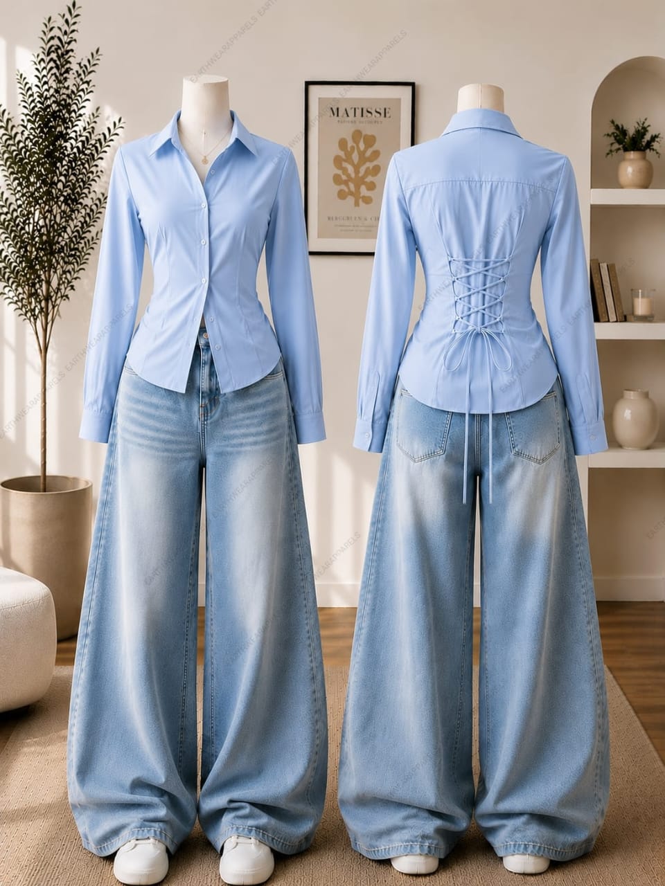 Corset Fitted Button-Down Shirt & Vintage Sky Blue Wide-Leg Jeans Pack of Two