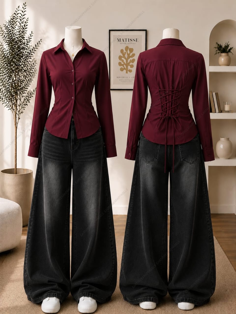 Corset Fitted Button-Down Shirt & Vintage Black Wide-Leg Jeans Pack of Two