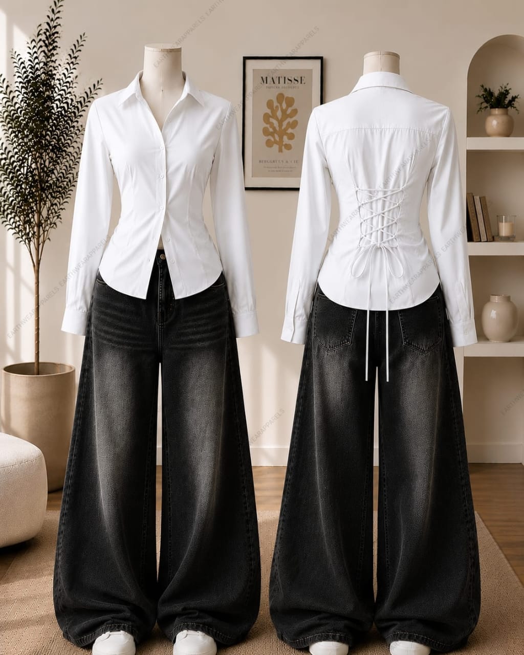 Corset Fitted Button-Down Shirt & Vintage Black Wide-Leg Jeans Pack of Two
