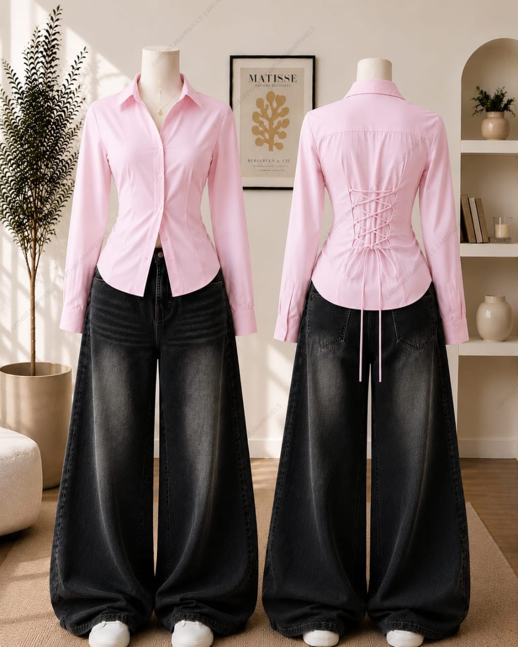 Corset Fitted Button-Down Shirt & Vintage Black Wide-Leg Jeans Pack of Two