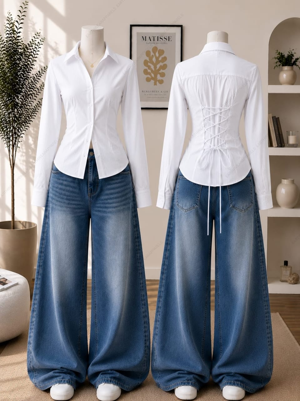 Corset Fitted Button-Down Shirt & Vintage Mid Blue Wide-Leg Jeans Pack of Two