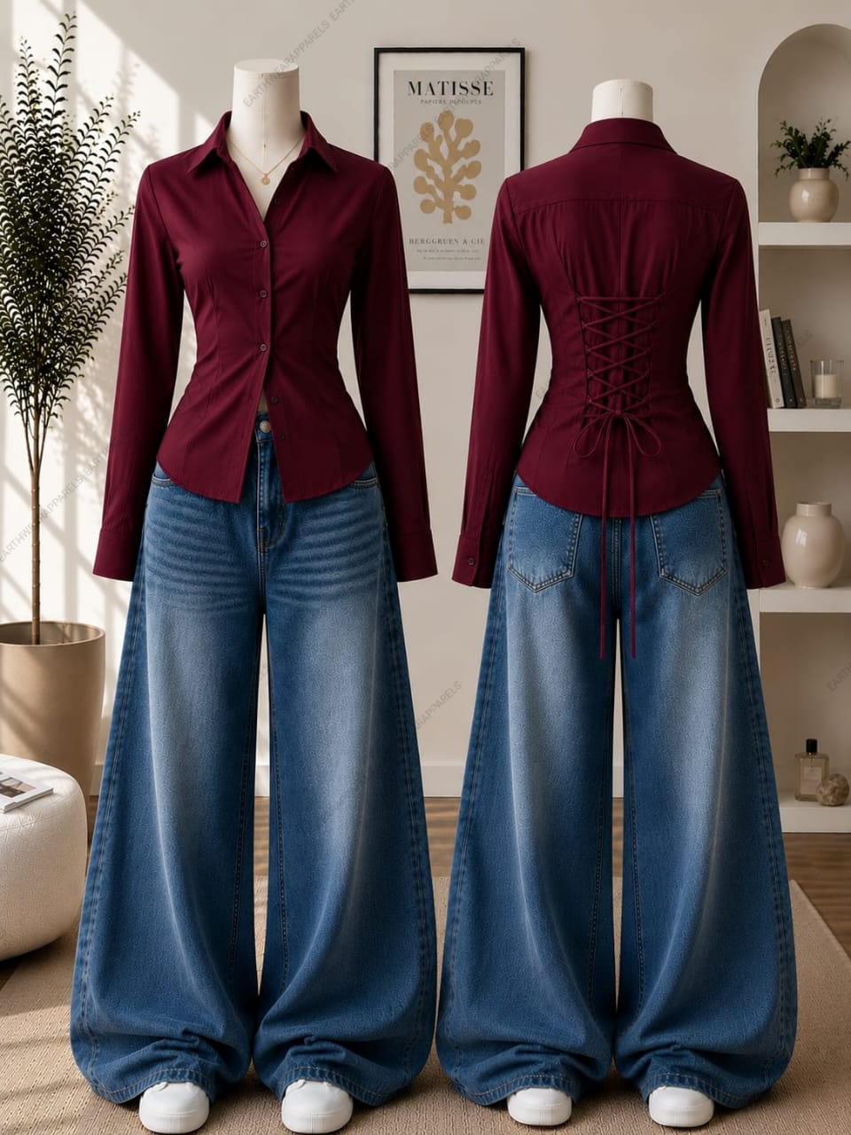 Corset Fitted Button-Down Shirt & Vintage Mid Blue Wide-Leg Jeans Pack of Two