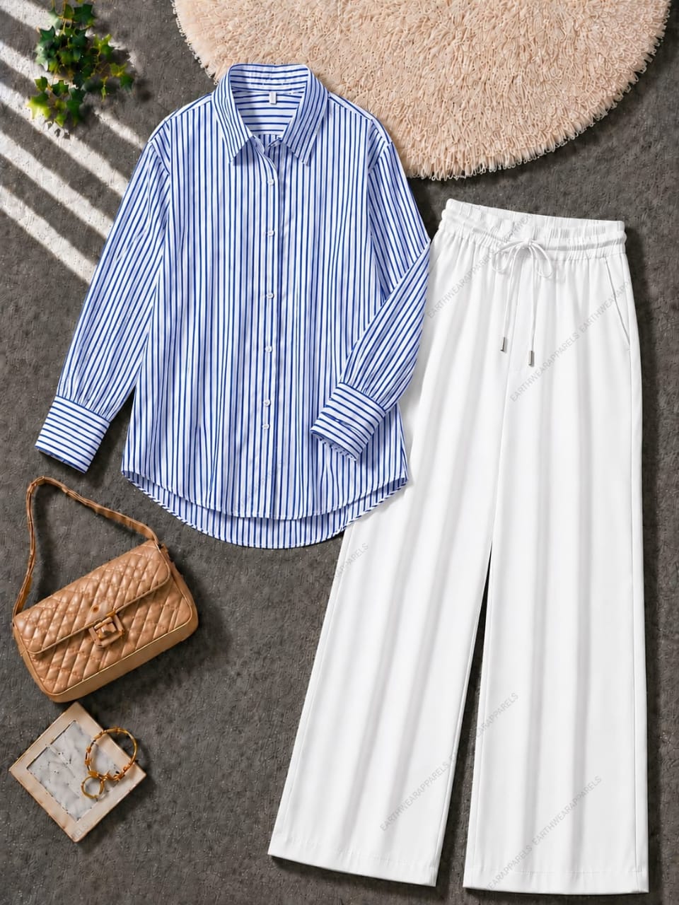 Stripes Button-Down Shirt & WHITE Wide-Leg Trouser Pack of Two