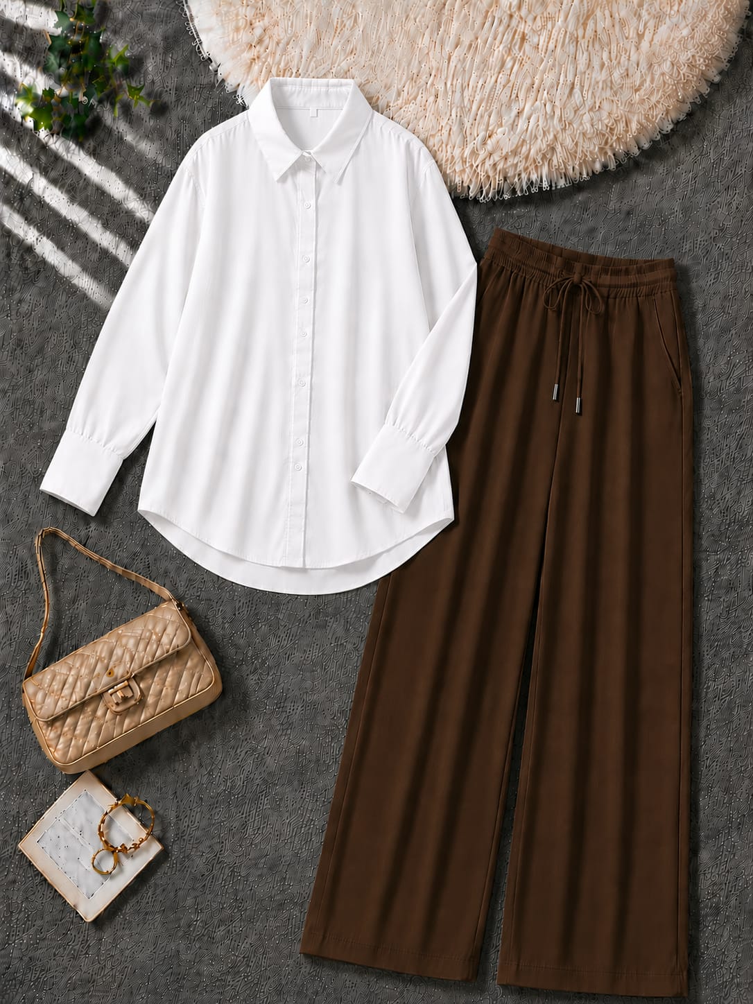 Button-Down Shirt & Brown Wide-Leg Trouser Pack of Two