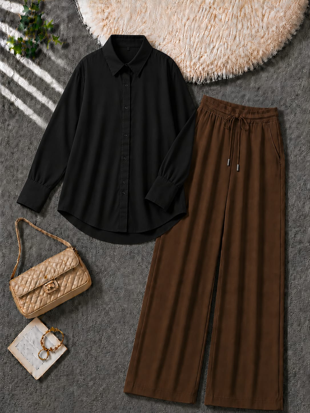 Button-Down Shirt & Brown Wide-Leg Trouser Pack of Two