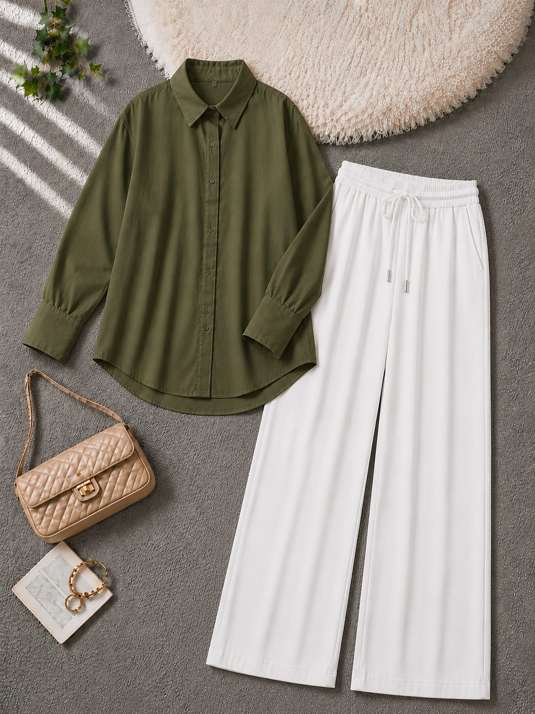 Button-Down Shirt & White Wide-Leg Trouser Pack of Two