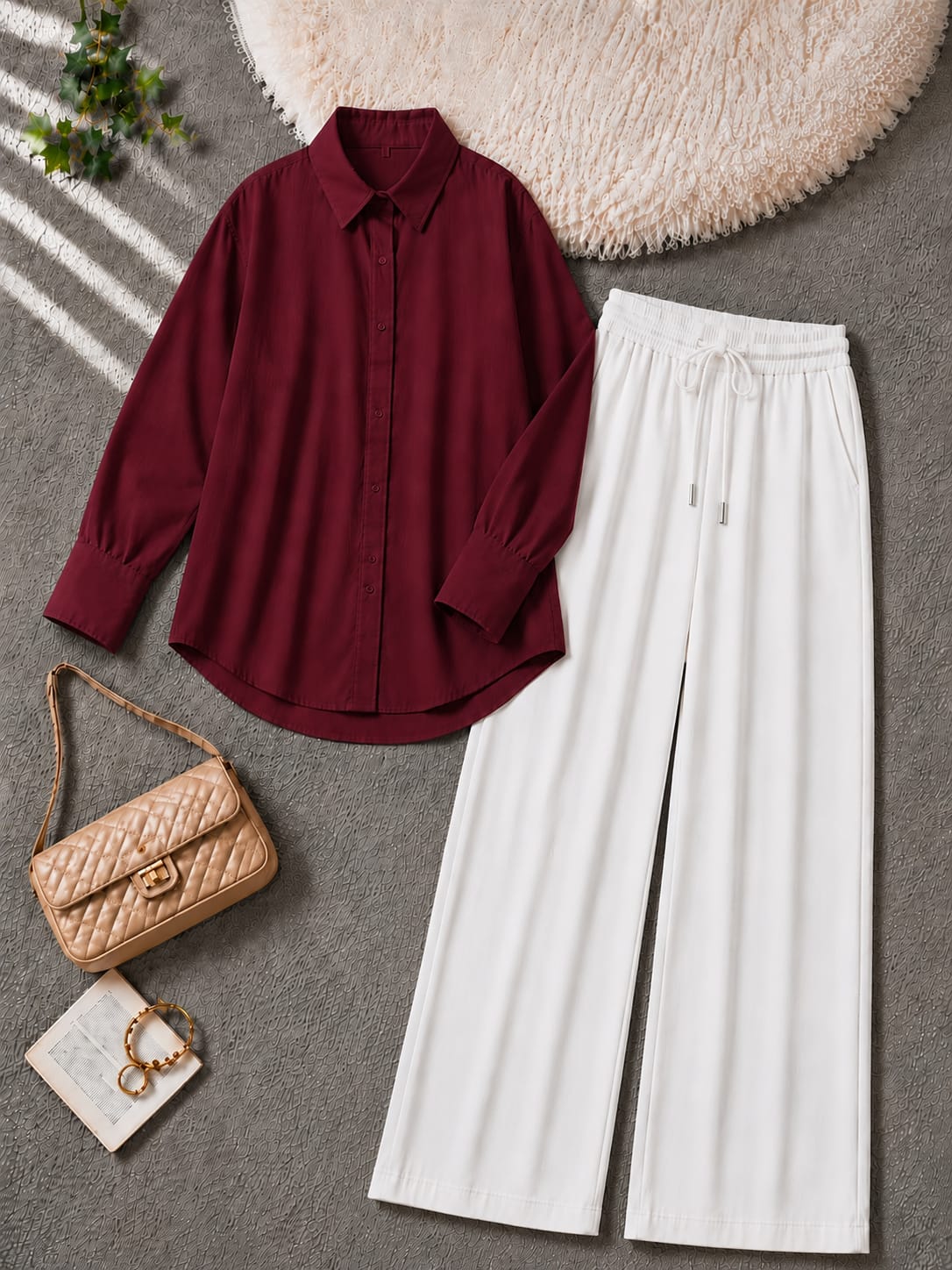 Button-Down Shirt & White Wide-Leg Trouser Pack of Two