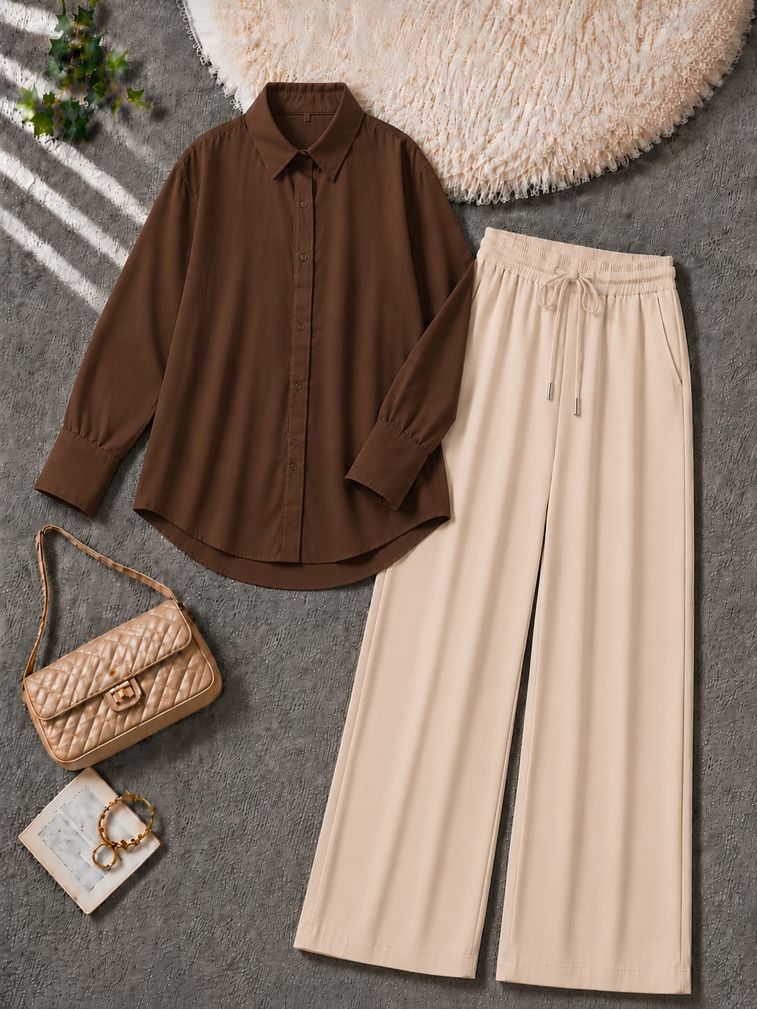Button-Down Shirt & Skin Wide-Leg Trouser Pack of Two