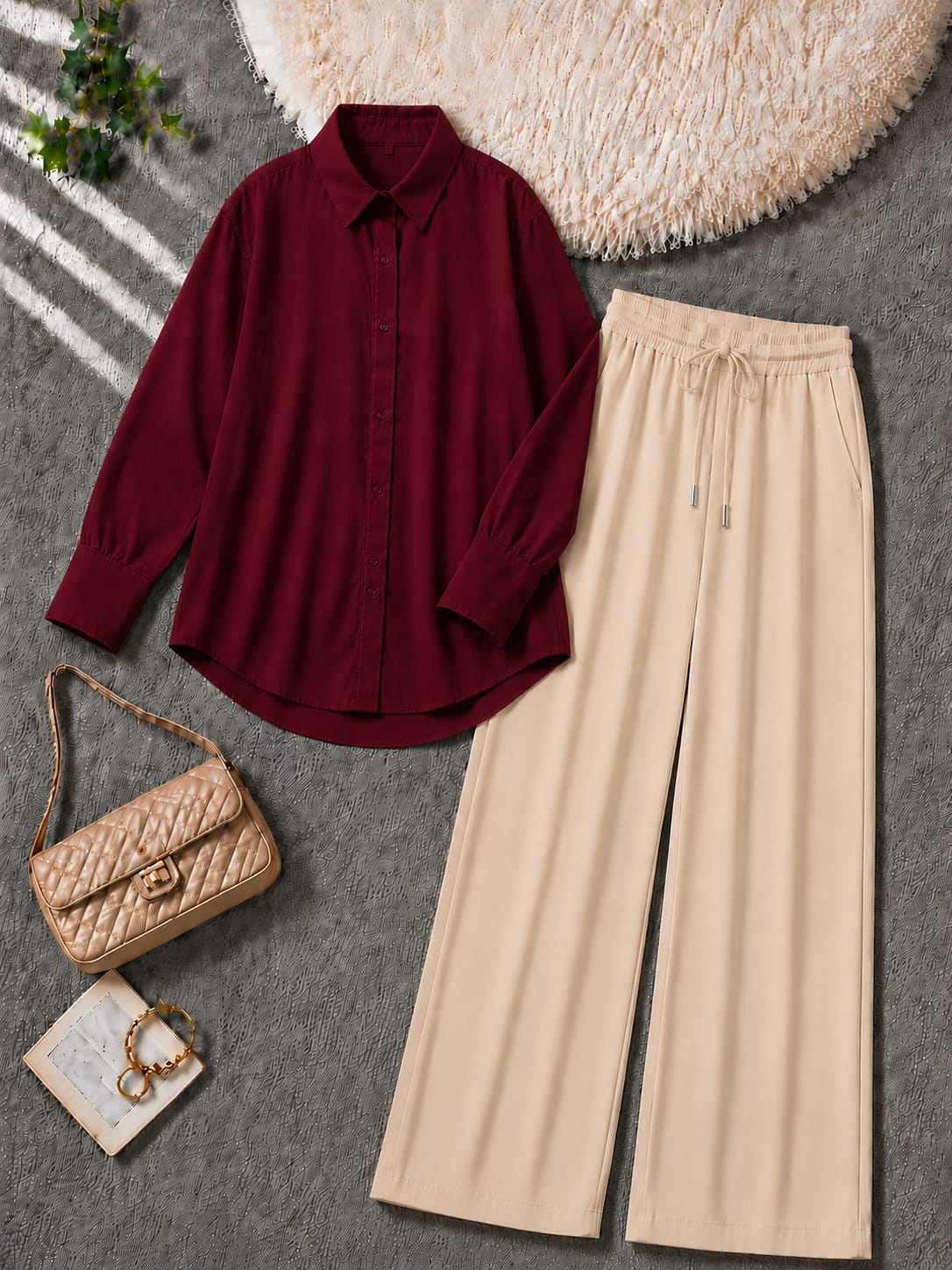 Button-Down Shirt & Skin Wide-Leg Trouser Pack of Two