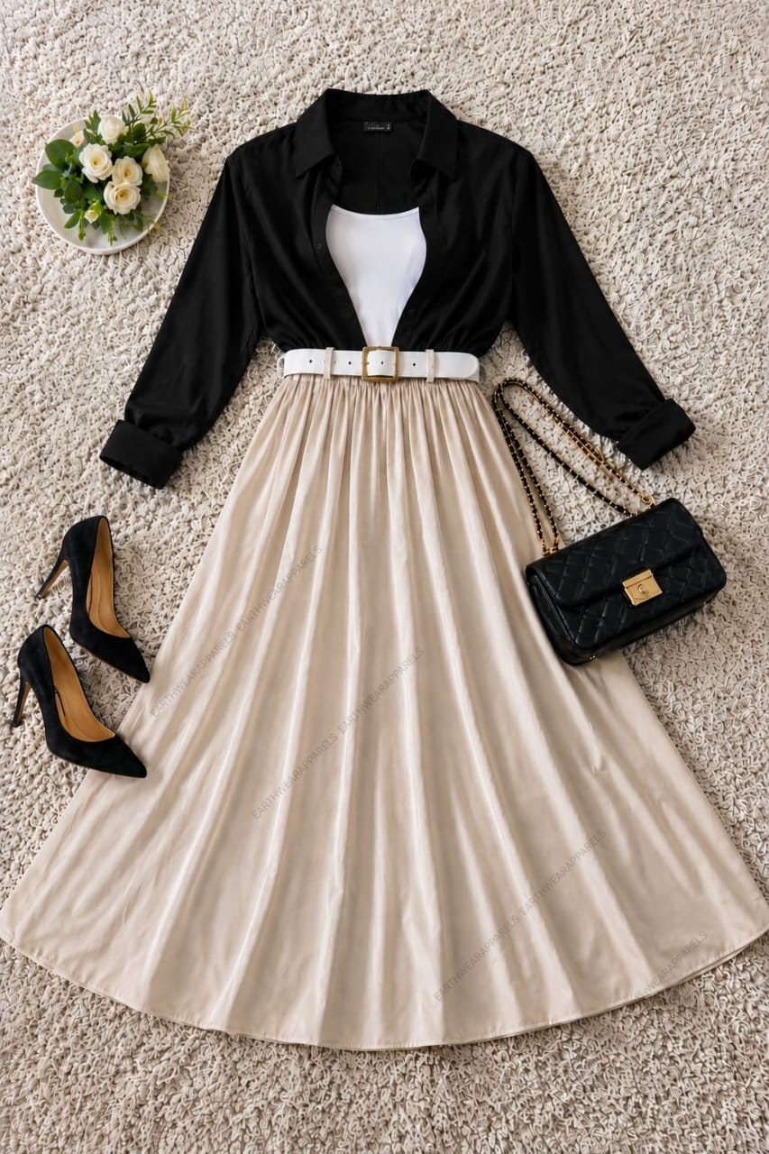 Button Down Shirt, White Tank Top and Beige Umbrella skirt - Pack of Threes