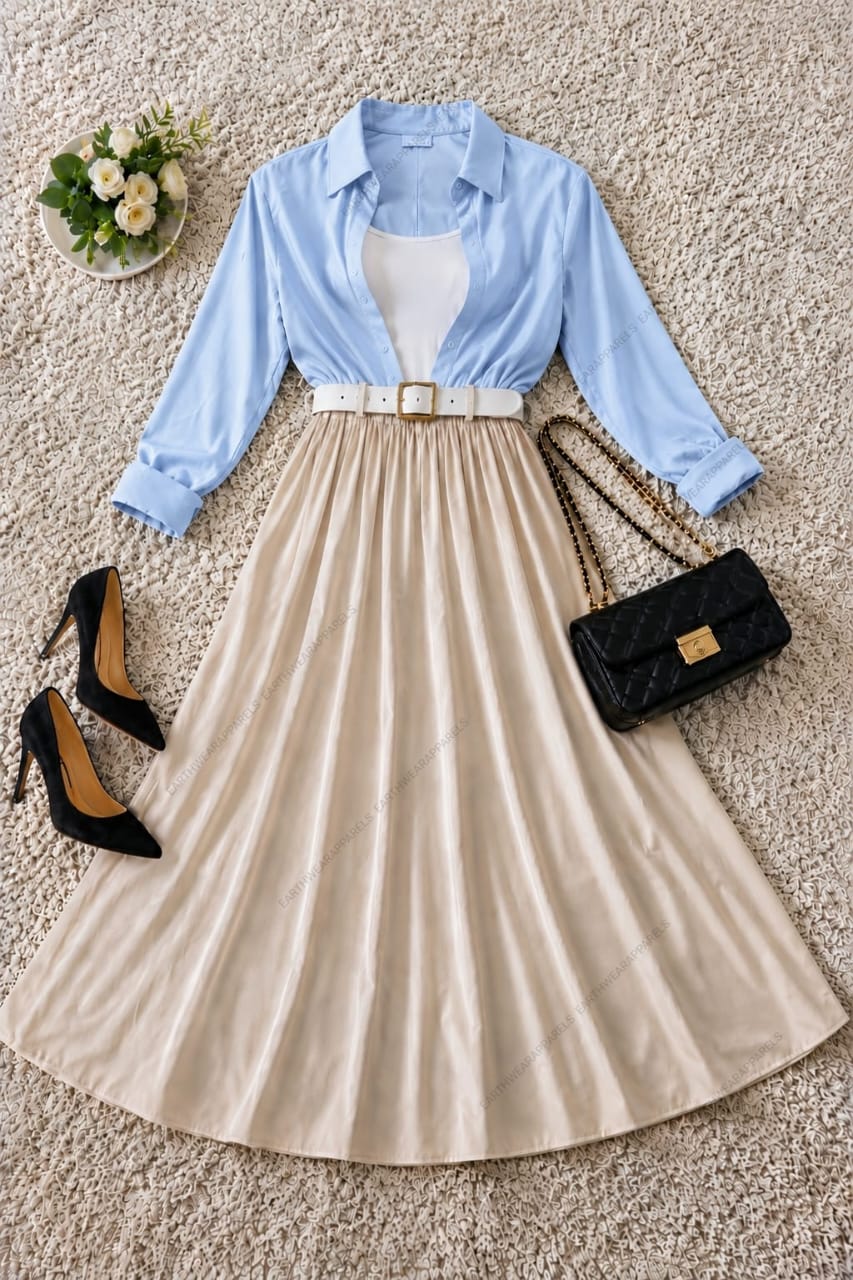 Button Down Shirt, White Tank Top and Beige Umbrella skirt - Pack of Threes