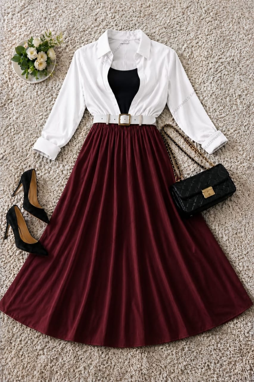 Button Down Shirt, Black Tank Top and Maroon Umbrella skirt - Pack of Threes