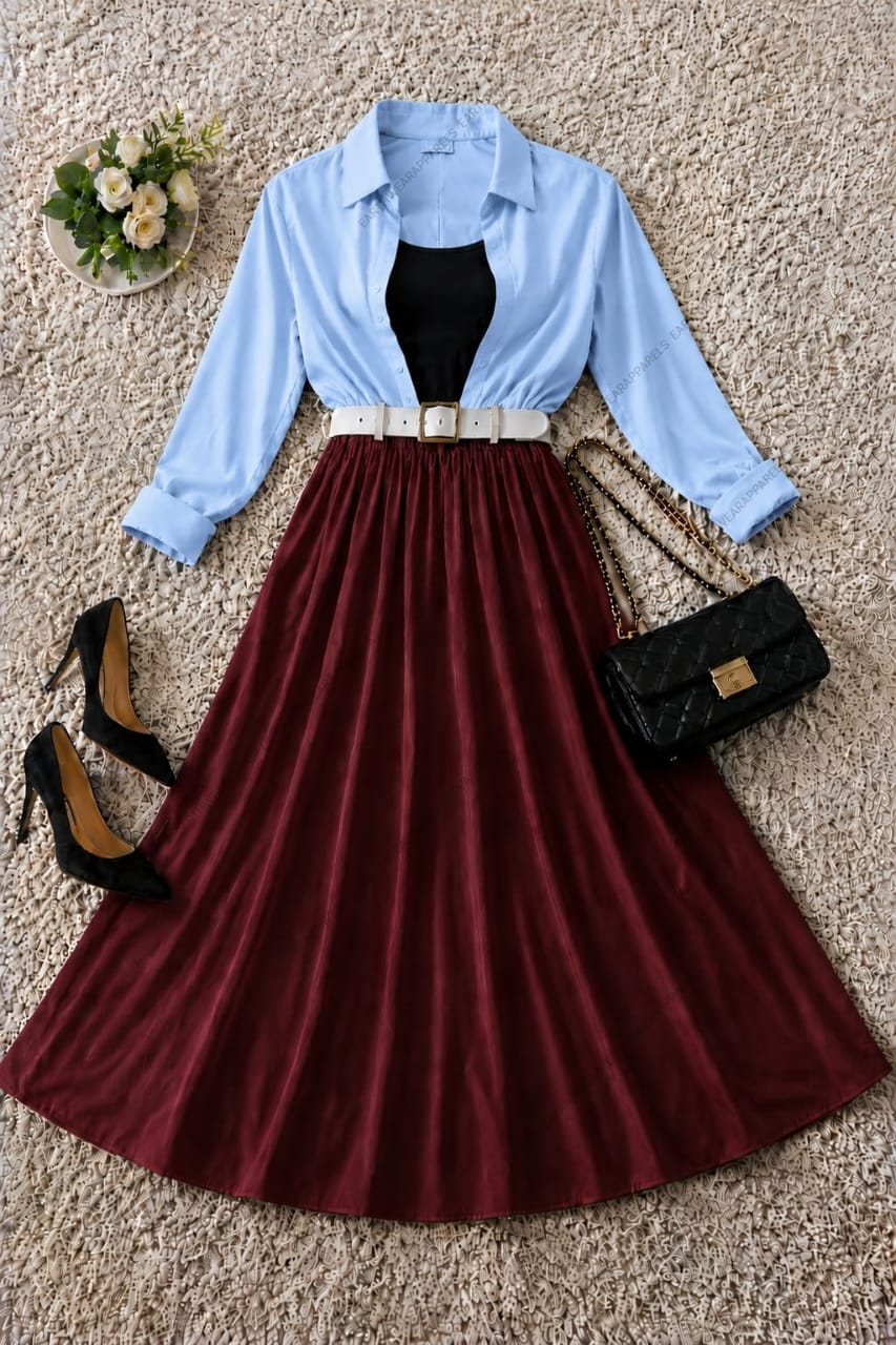 Button Down Shirt, Black Tank Top and Maroon Umbrella skirt - Pack of Threes