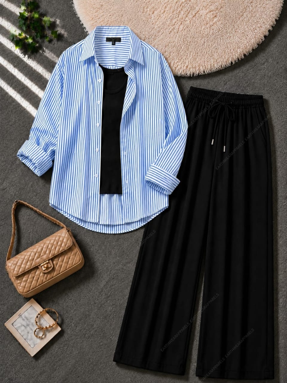 Stripes Button Down Shirt, Black Tank Top and Black Wide Leg Trouser as Pack Of Threes