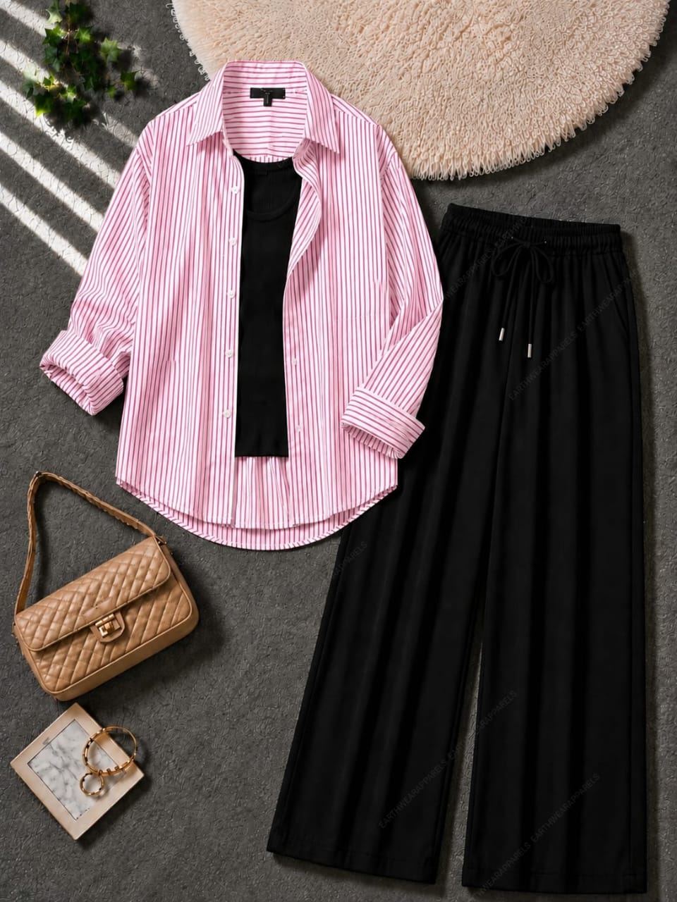 Stripes Button Down Shirt, Black Tank Top and Black Wide Leg Trouser as Pack Of Threes