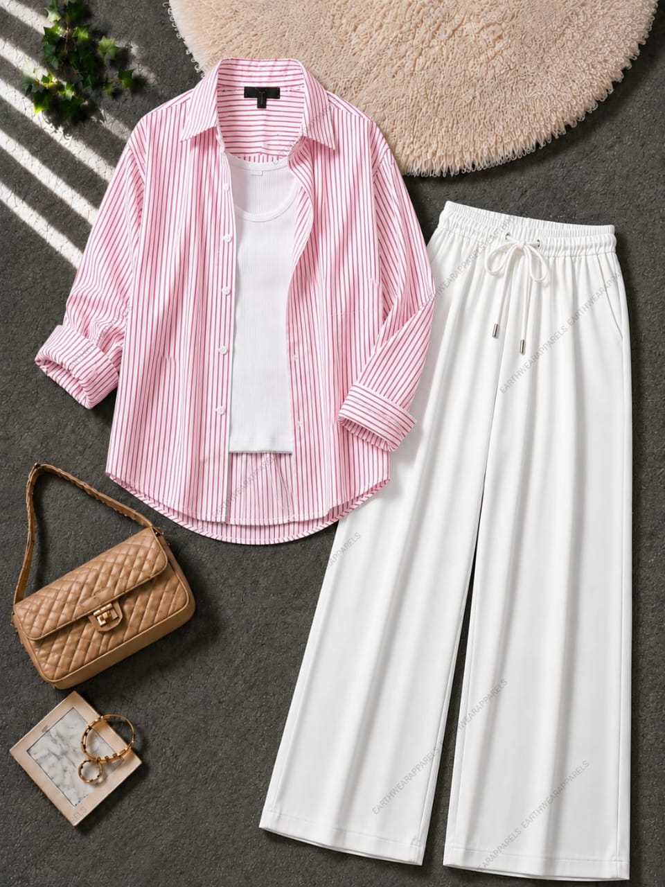 Button Down Shirt, White Tank Top and White Wide Leg Trouser as Pack Of Threes