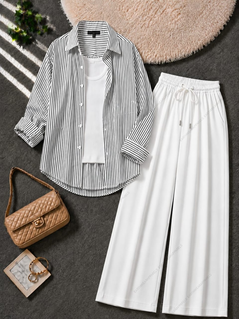 Button Down Shirt, White Tank Top and White Wide Leg Trouser as Pack Of Threes