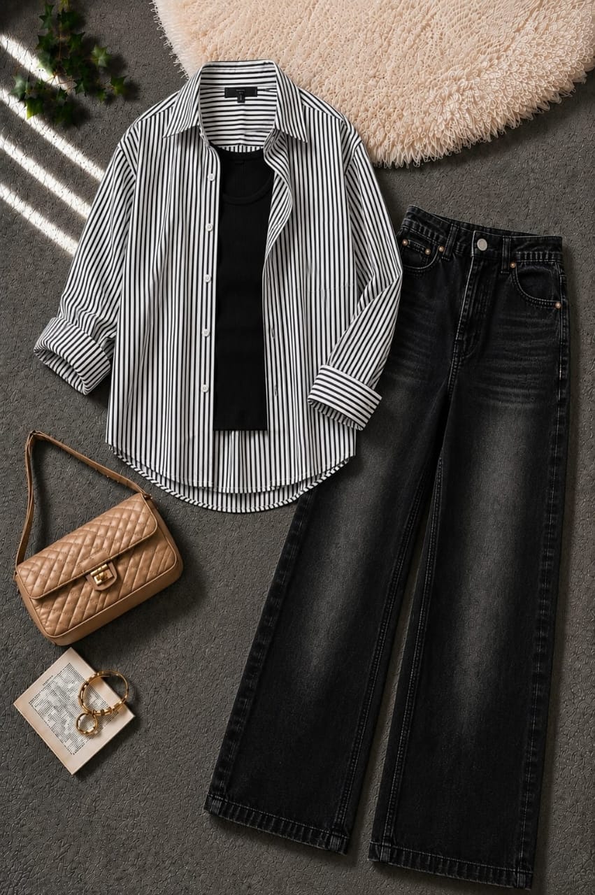 Stripes Button-Down Shirt, Rib-Knitted Black Tank Top & Vintage Black Wide-Leg Jeans Pack of Three