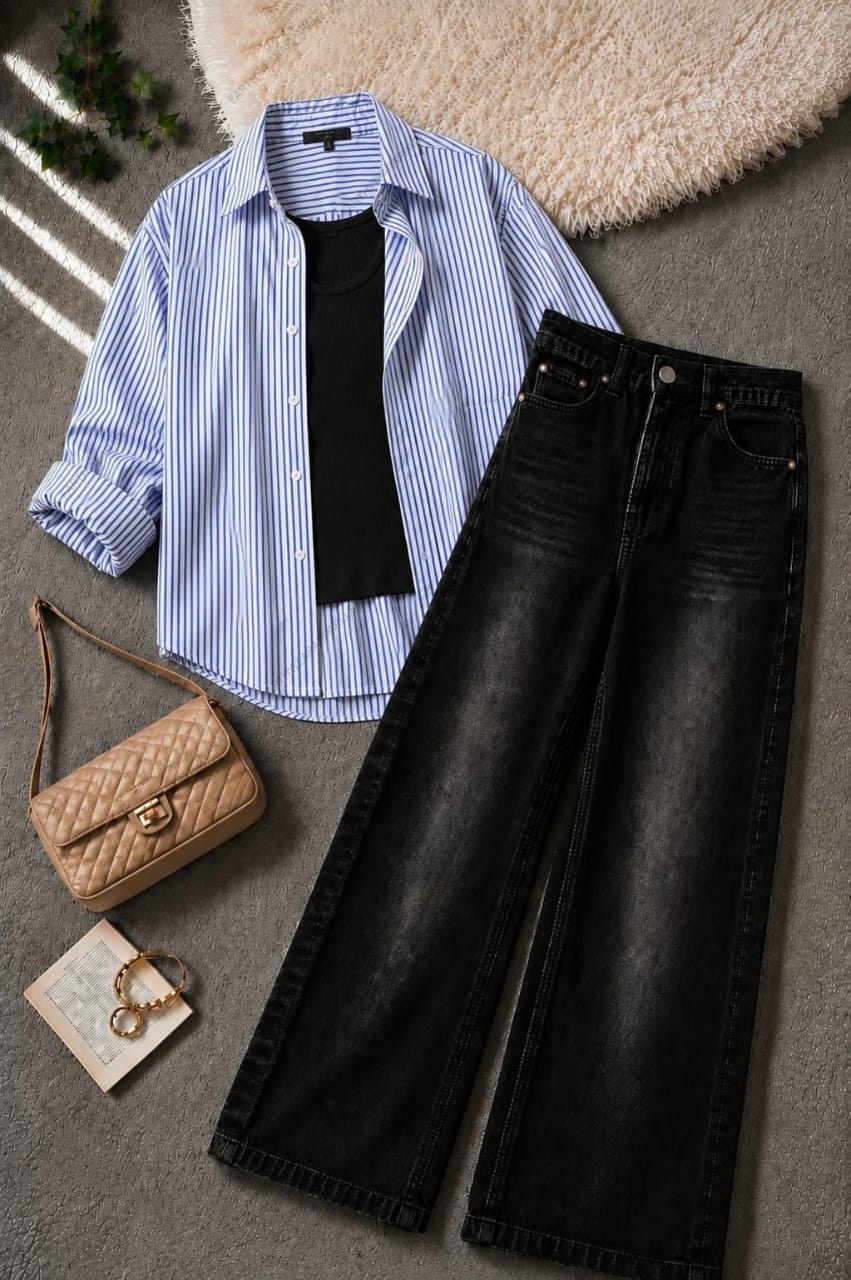 Stripes Button-Down Shirt, Rib-Knitted Black Tank Top & Vintage Black Wide-Leg Jeans Pack of Three