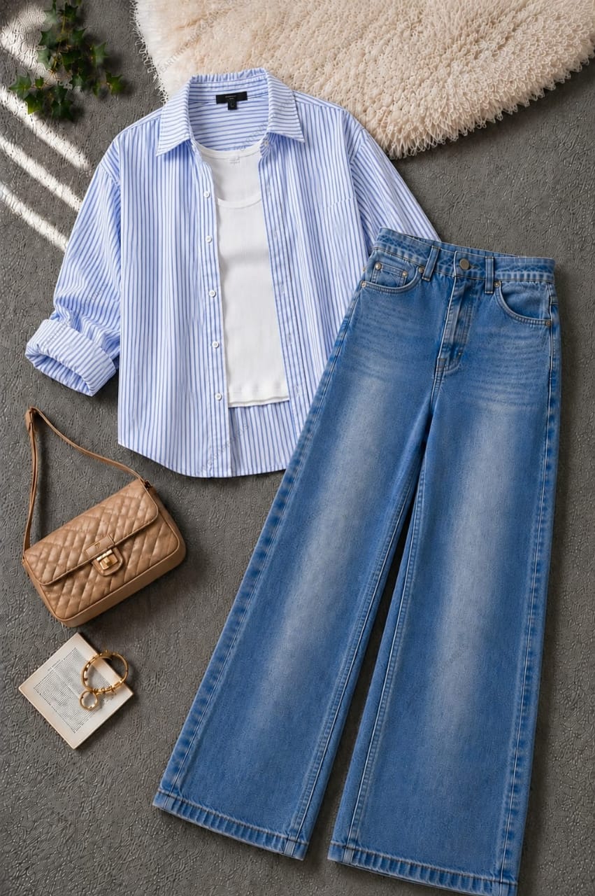 Stripes Button-Down Shirt, Rib-Knitted White Tank Top & Vintage Mid blue Wide-Leg Jeans Pack of Three