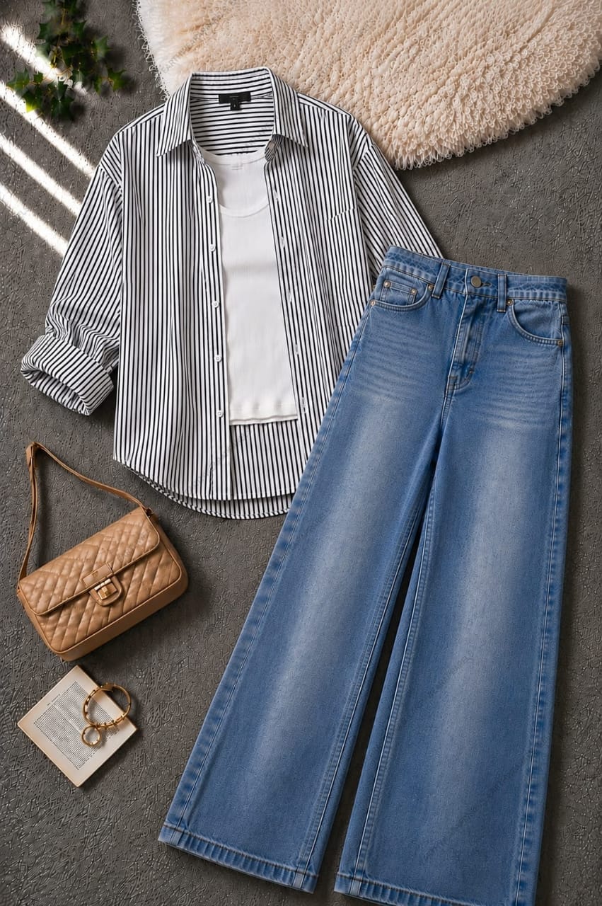 Stripes Button-Down Shirt, Rib-Knitted White Tank Top & Vintage Mid blue Wide-Leg Jeans Pack of Three