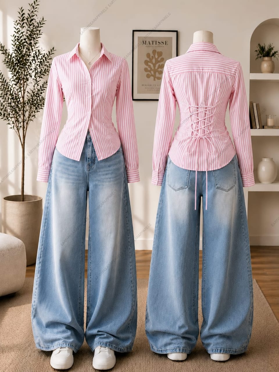 Corset Fitted Stripes Button-Down Shirt & Vintage Sky blue Wide-Leg Jeans Pack of Two