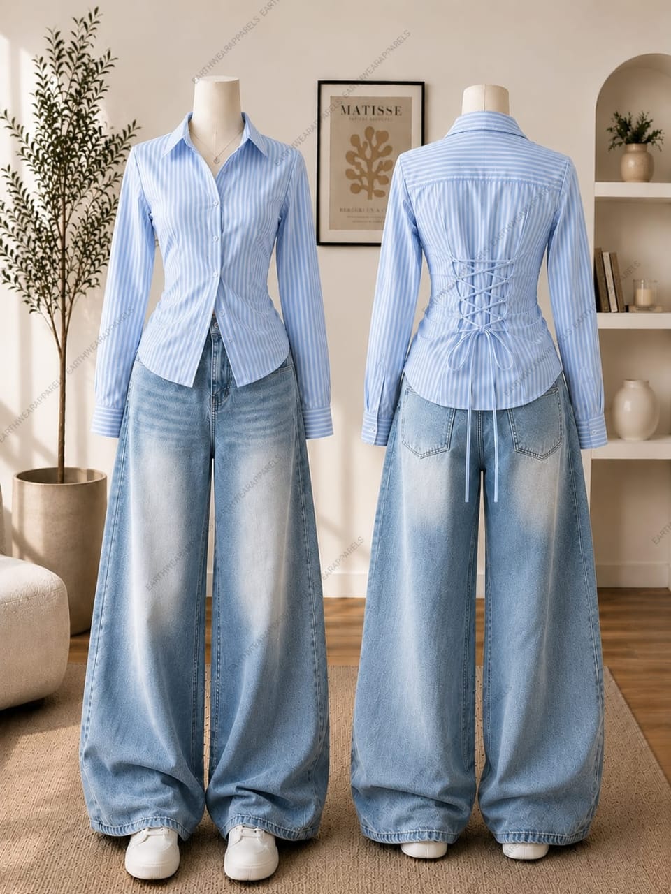 Corset Fitted Stripes Button-Down Shirt & Vintage Sky blue Wide-Leg Jeans Pack of Two