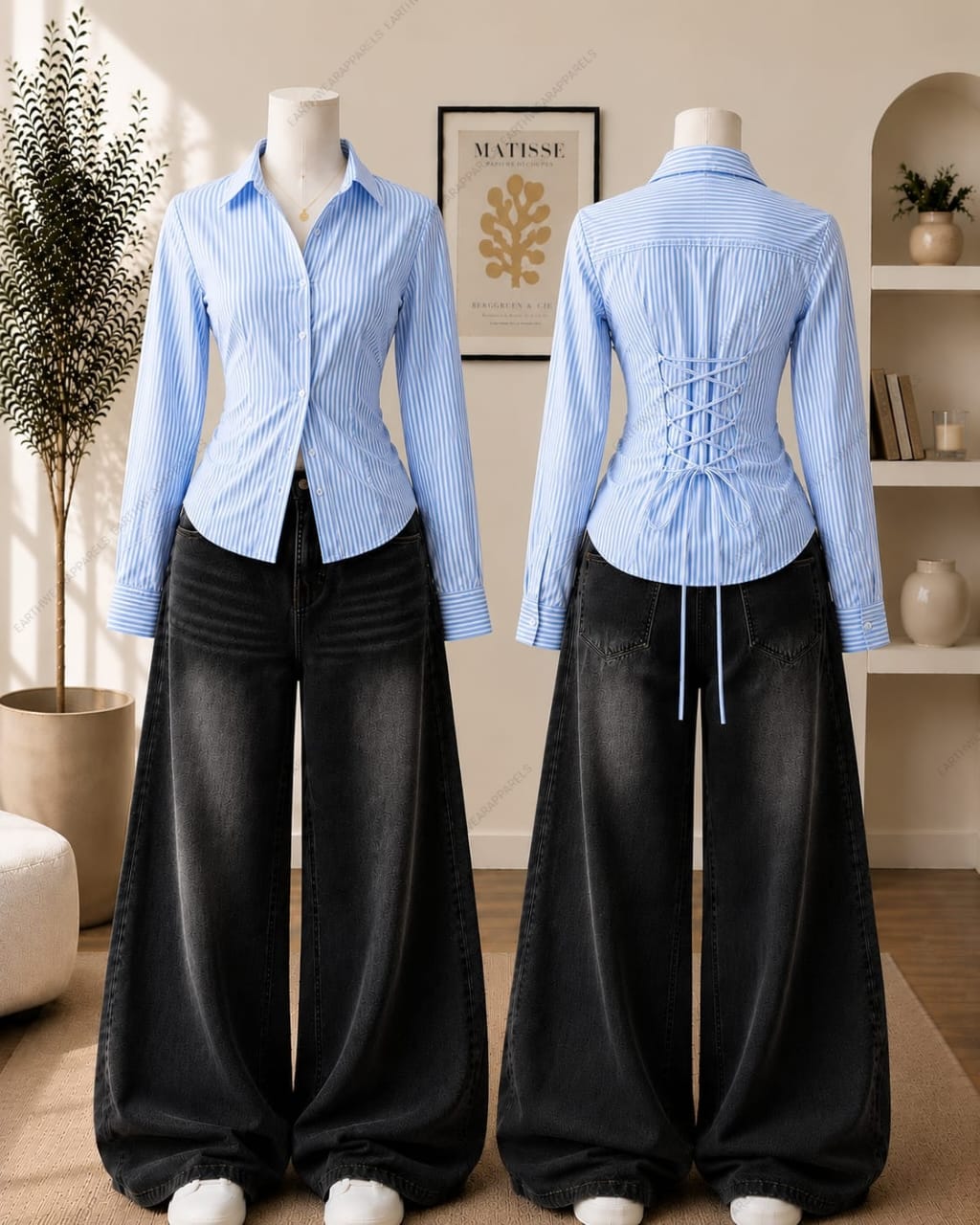 Corset Fitted Stripes Button-Down Shirt & Vintage Black Wide-Leg Jeans Pack of Two