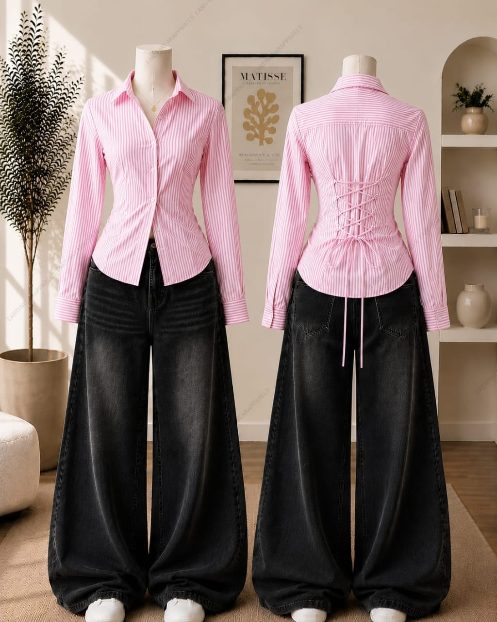 Corset Fitted Stripes Button-Down Shirt & Vintage Black Wide-Leg Jeans Pack of Two