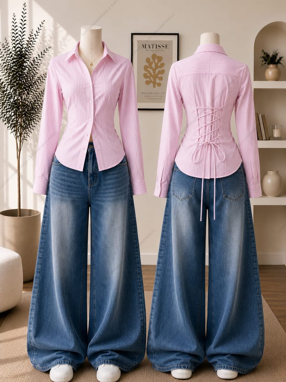 Corset Fitted Stripes Button-Down Shirt & Vintage Mid Blue Wide-Leg Jeans Pack of Two