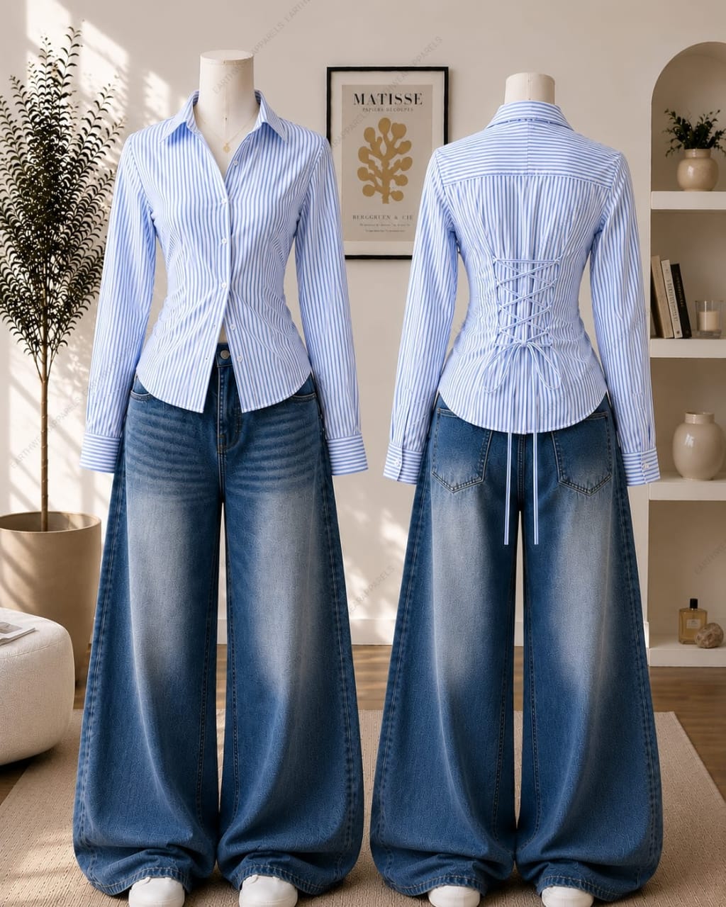 Corset Fitted Stripes Button-Down Shirt & Vintage Mid Blue Wide-Leg Jeans Pack of Two